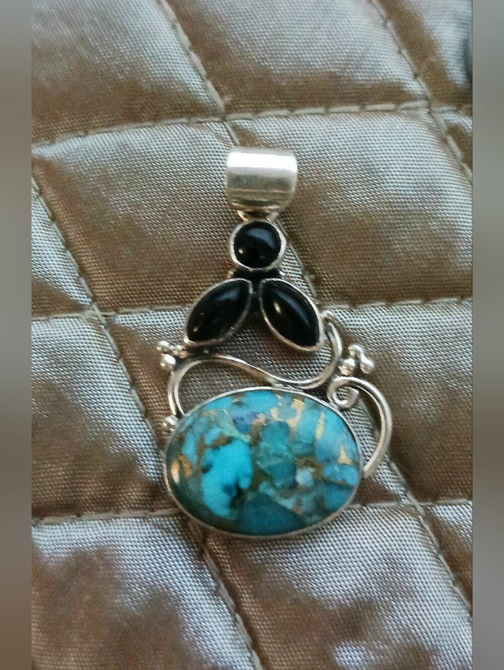 Kingman Blue Copper Turquoise & Black Onyx Sterling Silver 925 Pendant, 1.5"